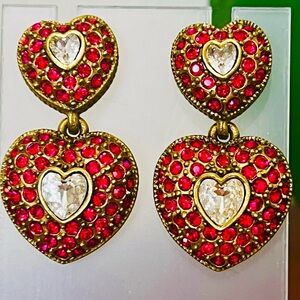 Heidi Daus “My True Love”pierced double heart dangle Swarovski Crystals earrings